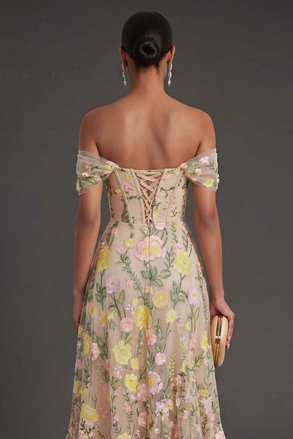 Champagne Floral Corset Long Wedding Guest Dress