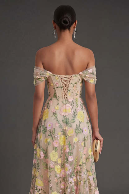 Champagne Floral Corset Long Wedding Guest Dress