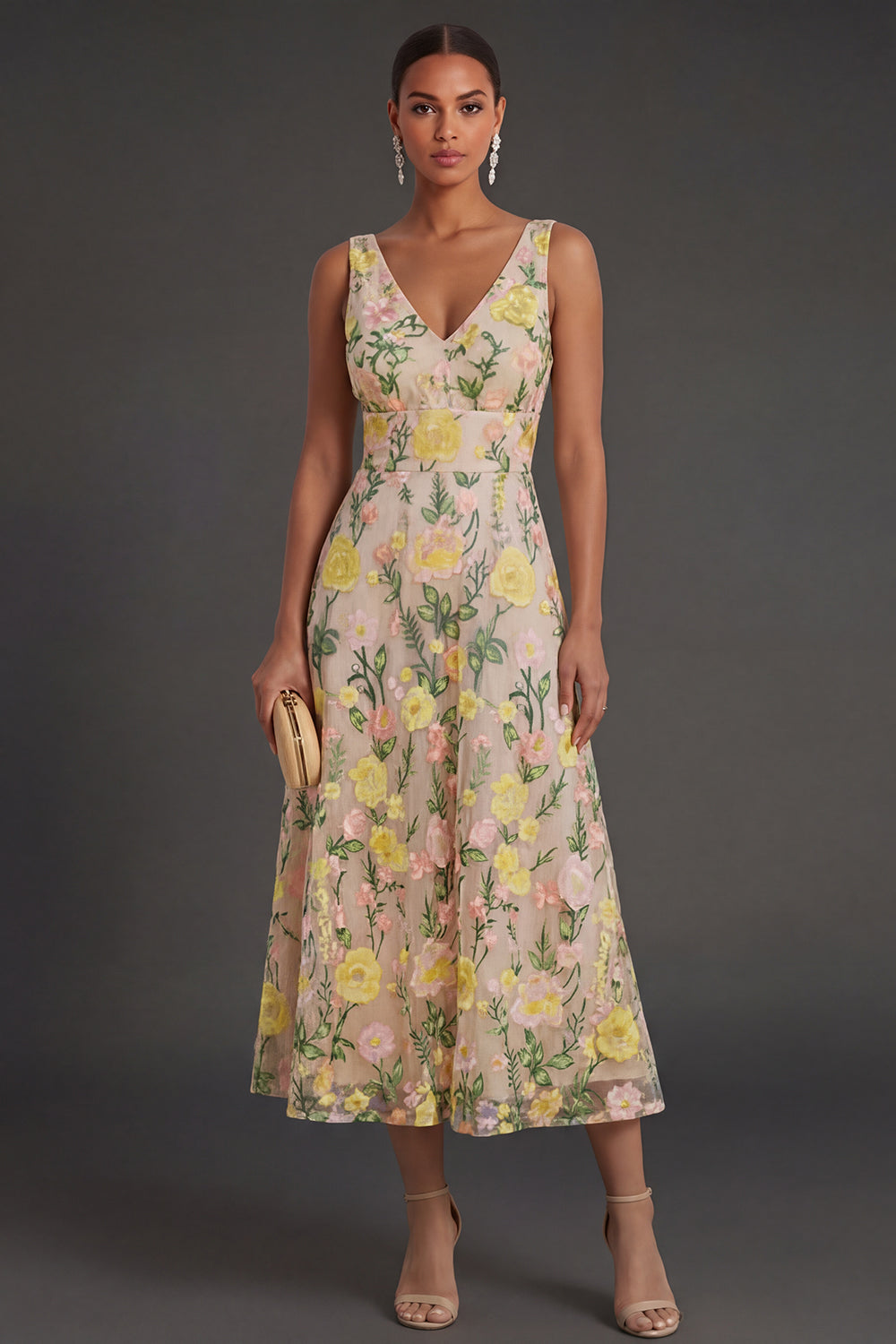 Leely Women Champagne Floral V Neck Long Wedding Guest Dress A Line Sleeveless Backless Garden Party Dress