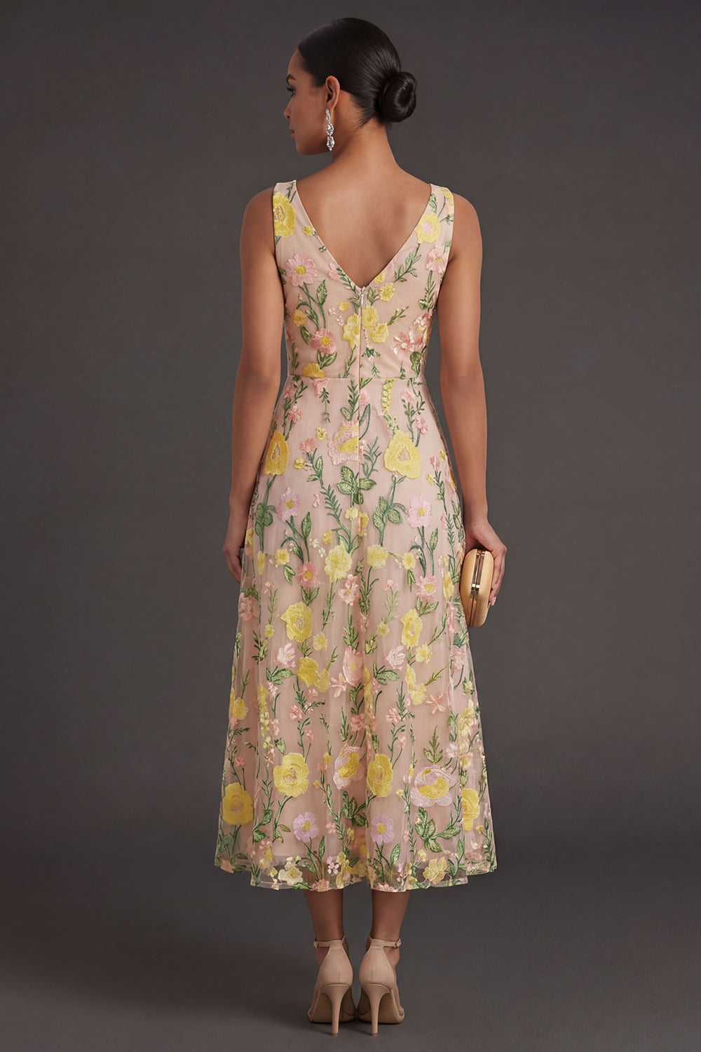 Champagne Floral V Neck Long Wedding Guest Dress
