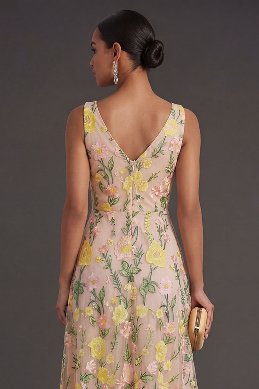 Champagne Floral V Neck Long Wedding Guest Dress