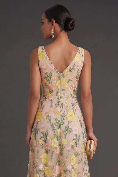 Champagne Floral V Neck Long Wedding Guest Dress