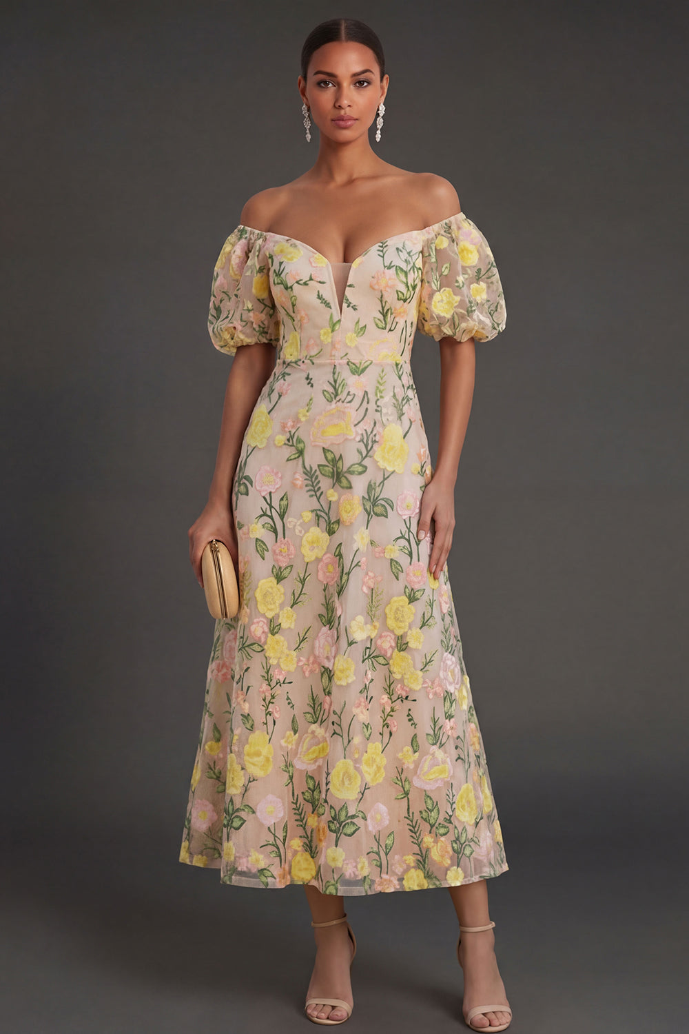 Off the Shoulder Champagne Floral Long Wedding Guest Dress