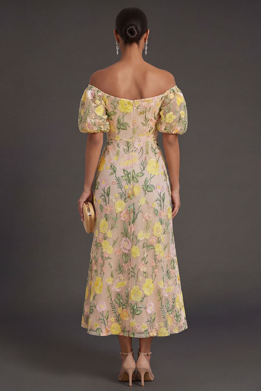 Off the Shoulder Champagne Floral Long Wedding Guest Dress