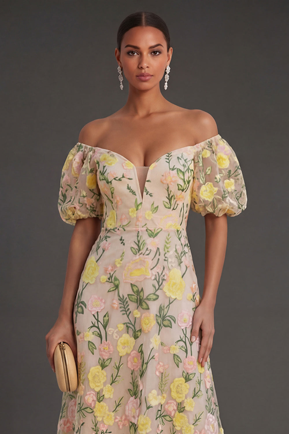 Off the Shoulder Champagne Floral Long Wedding Guest Dress