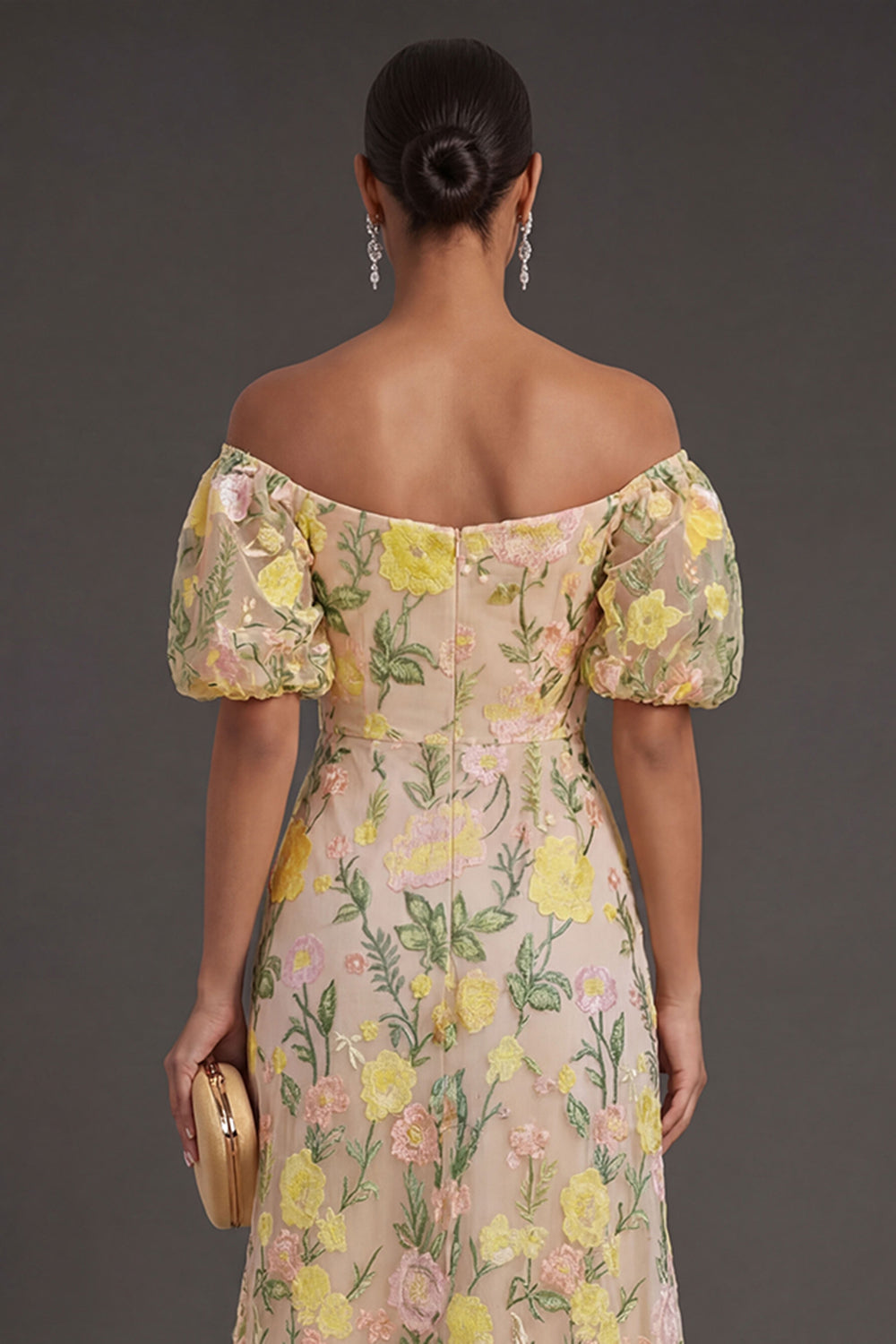 Off the Shoulder Champagne Floral Long Wedding Guest Dress