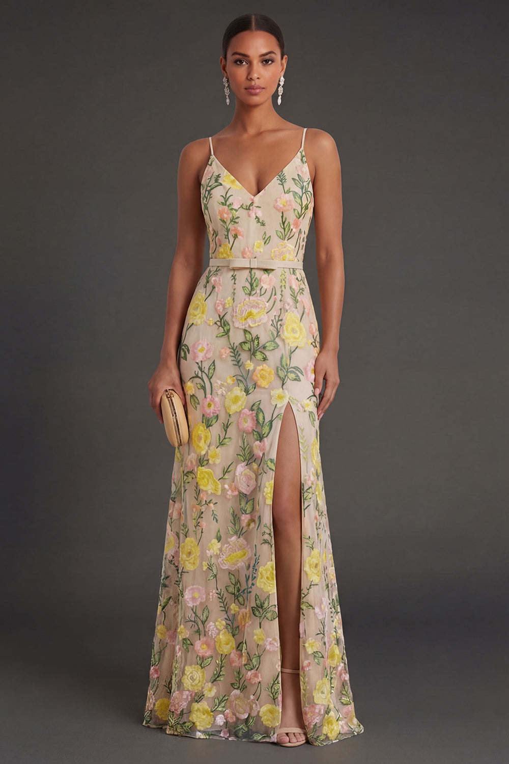 Spaghetti Straps A Line Floral Champagne Long Wedding Guest Dress