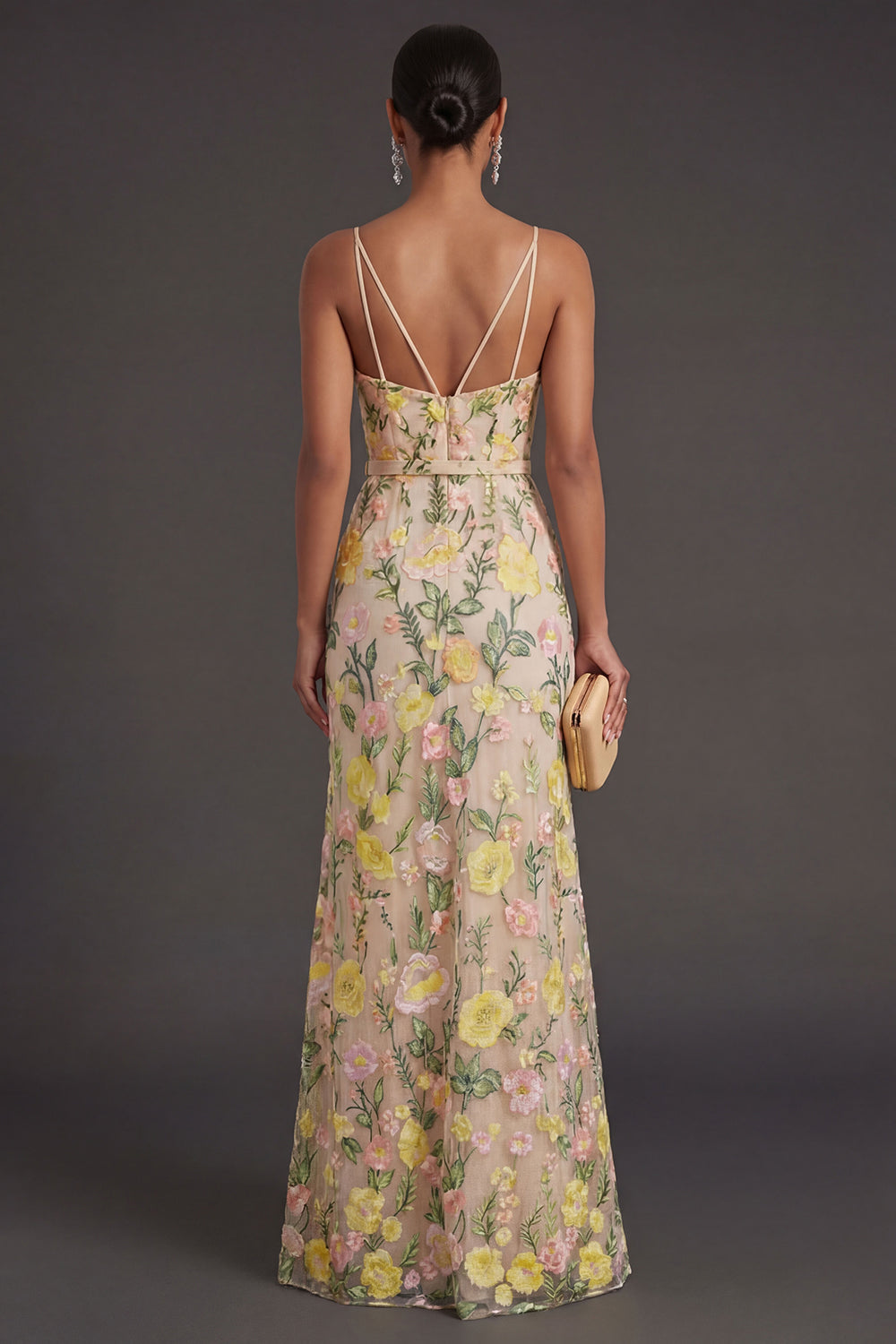 Spaghetti Straps A Line Floral Champagne Long Wedding Guest Dress