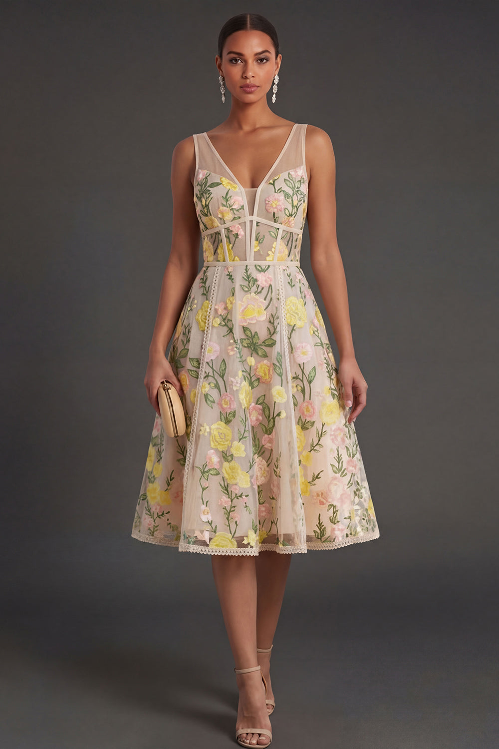 Leely Women Champagne Floral Corset A Line Midi Wedding Guest Dress V Neck Sleeveless Garden Party Dress