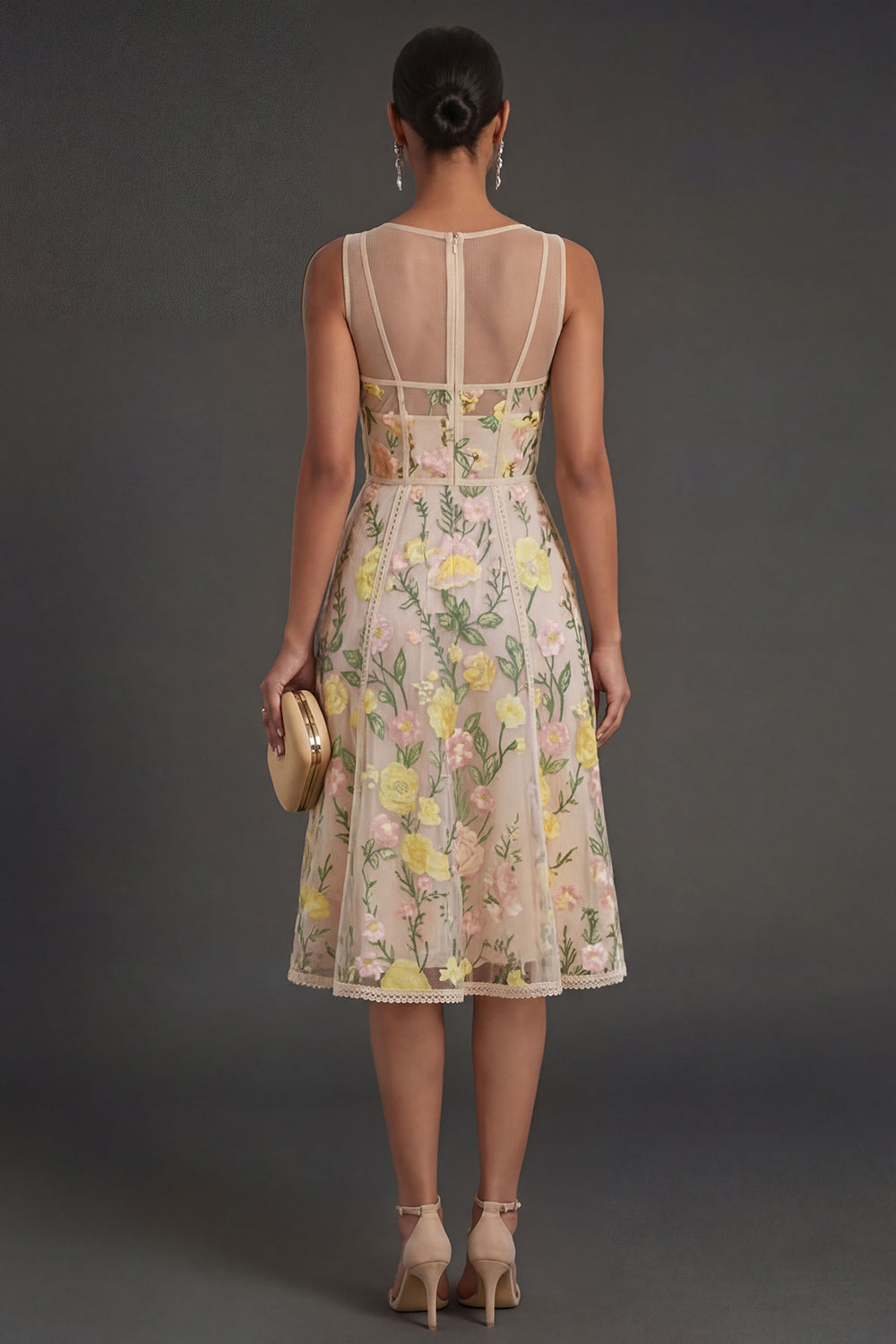 Champagne Floral Corset A Line Midi Wedding Guest Dress