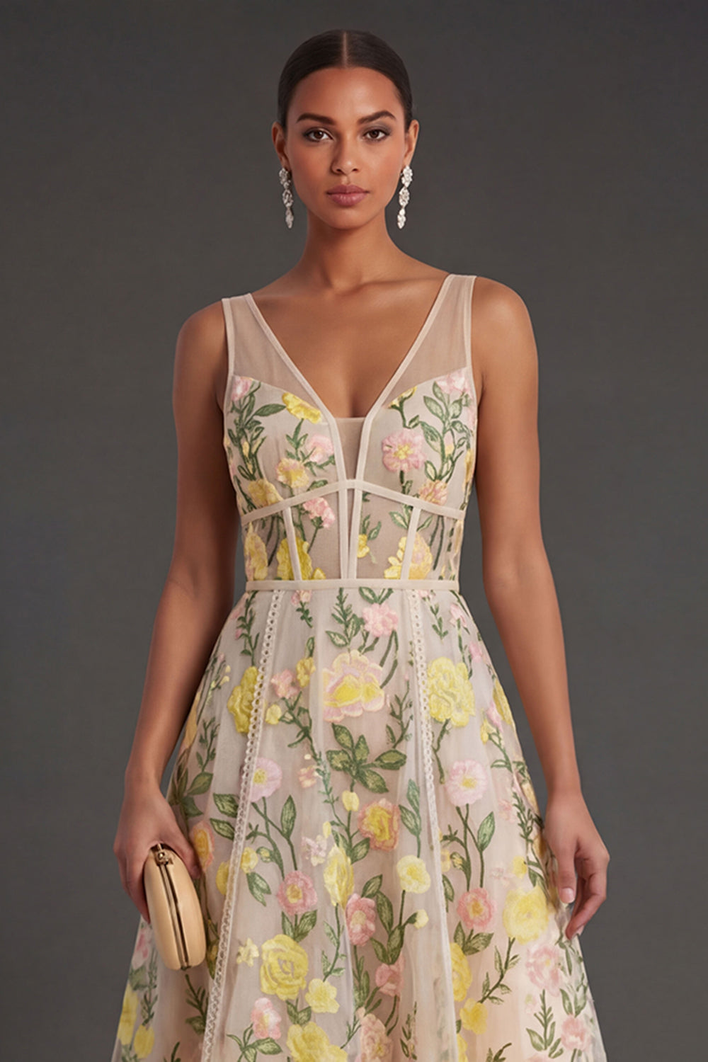 Champagne Floral Corset A Line Midi Wedding Guest Dress
