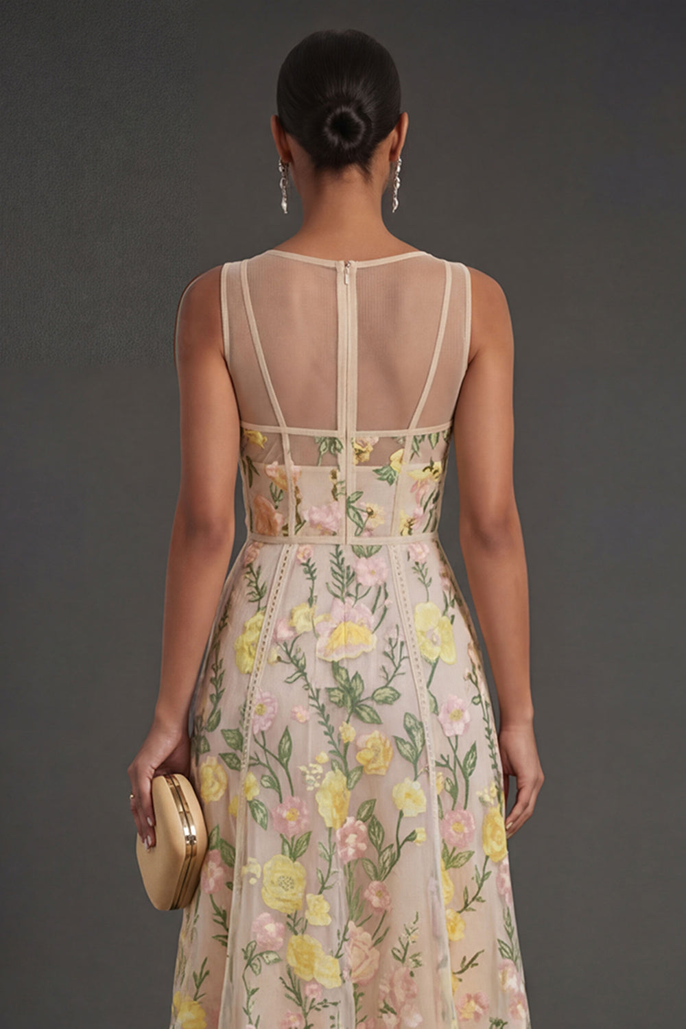 Champagne Floral Corset A Line Midi Wedding Guest Dress