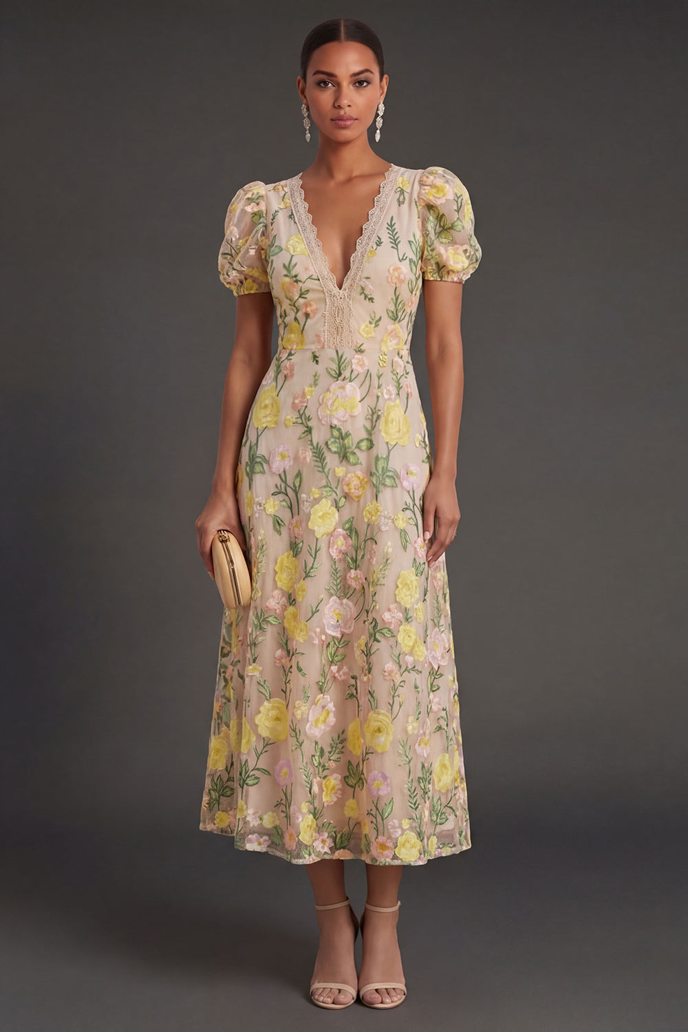 Floral Champagne A Line Long Wedding Guest Dress