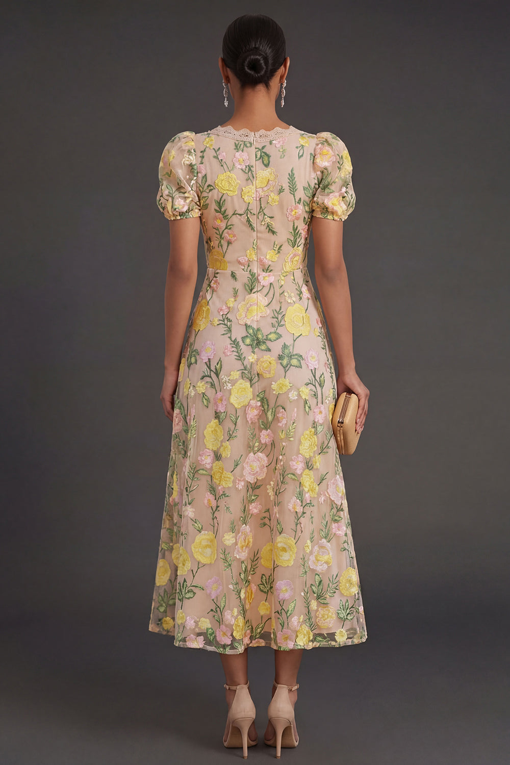 Floral Champagne A Line Long Wedding Guest Dress