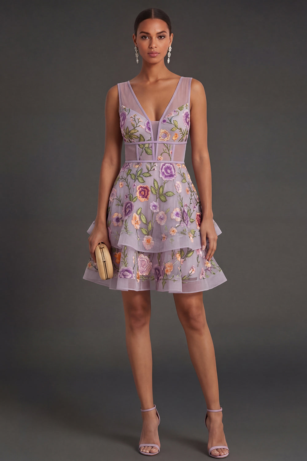 Lilac Floral Corset V Neck Ruffled Short Summer Wedding Guest Dress