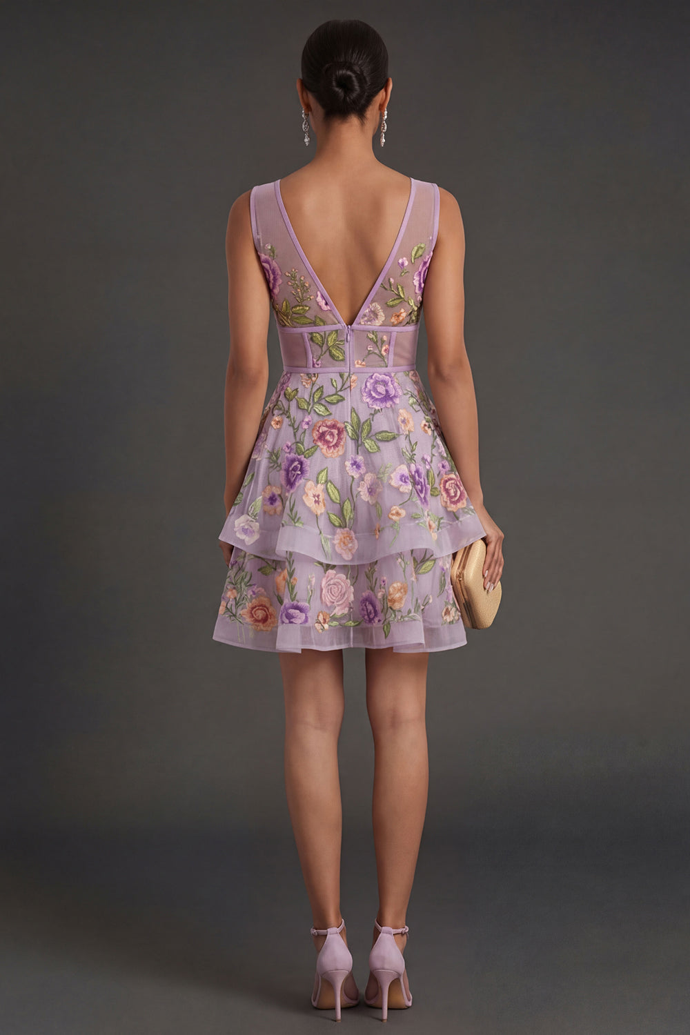 Lilac Floral Corset V Neck Ruffled Short Summer Wedding Guest Dress