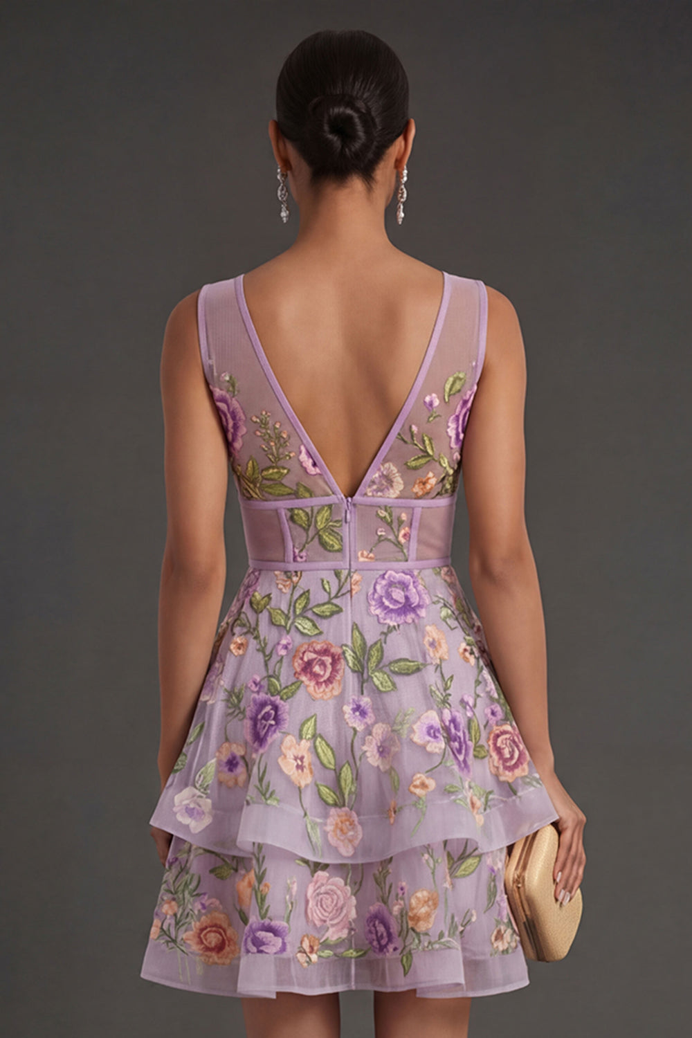 Lilac Floral Corset V Neck Ruffled Short Summer Wedding Guest Dress