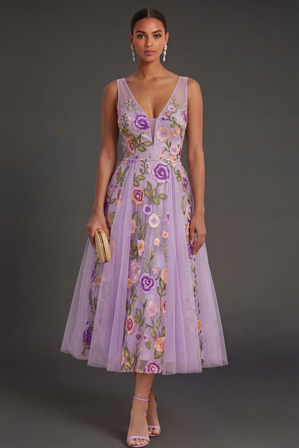Lilac Floral A Line V Neck Midi Wedding Guest Dress
