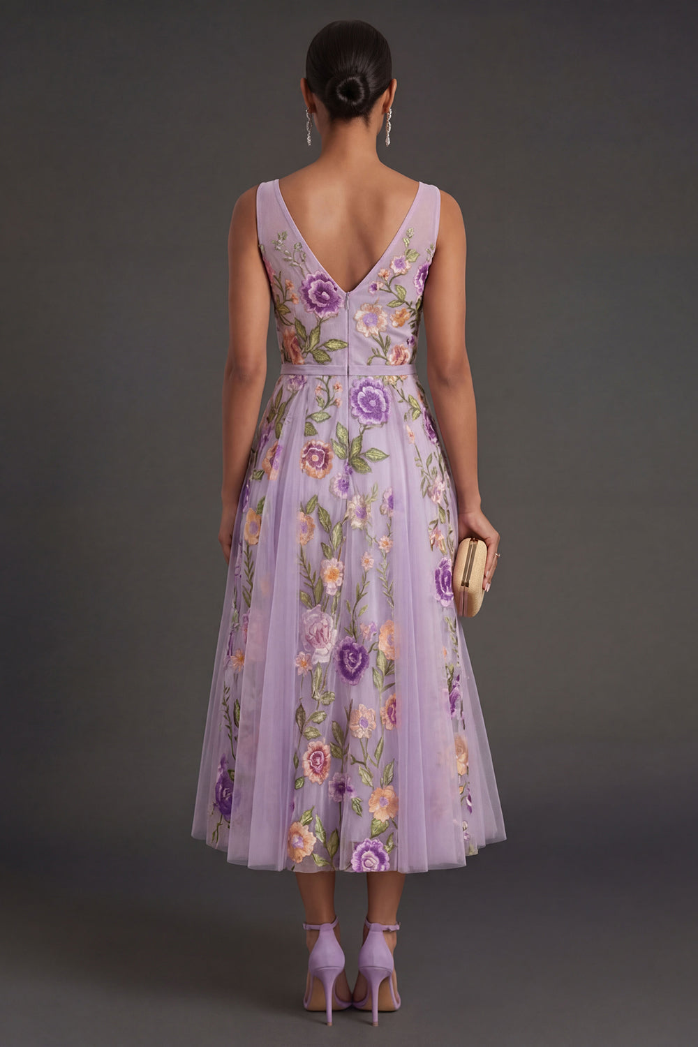 Lilac Floral A Line V Neck Midi Wedding Guest Dress