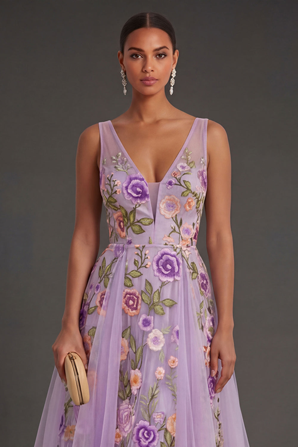 Lilac Floral A Line V Neck Midi Wedding Guest Dress