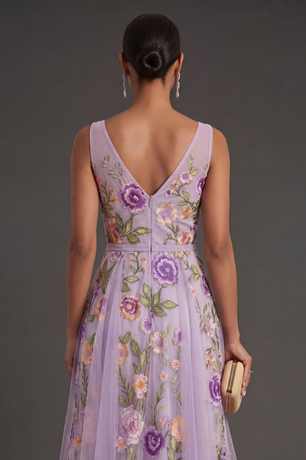 Lilac Floral A Line V Neck Midi Wedding Guest Dress