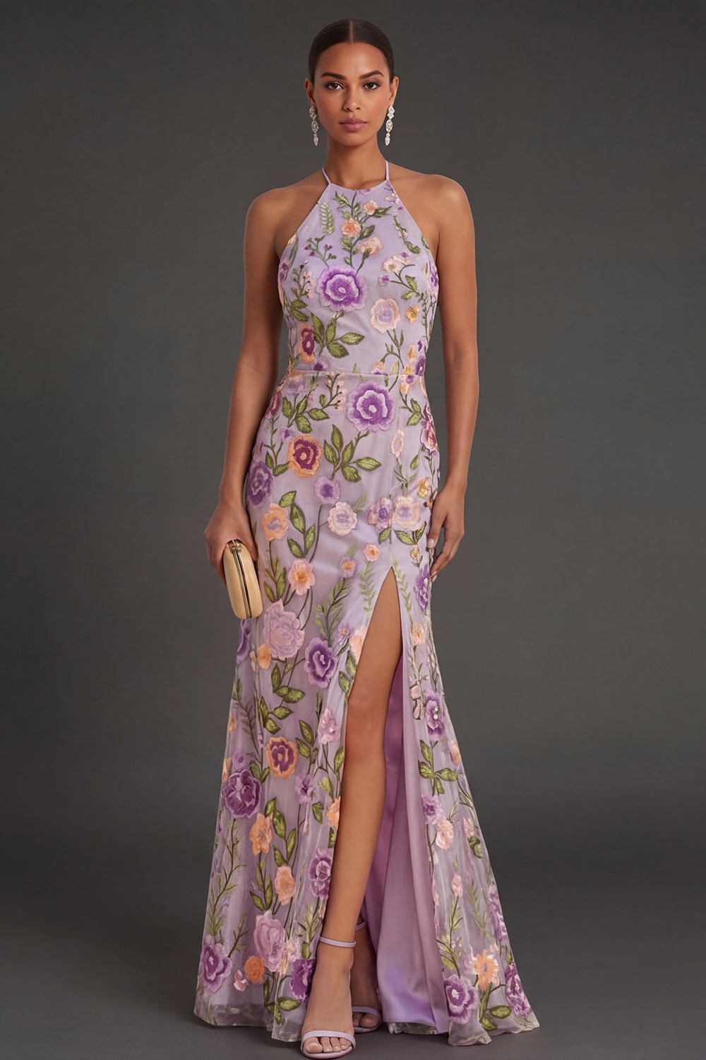 Leely Women Floral Lilac Halter Neck Long Wedding Guest Dress with Slit Backless Sleeveless Garden Party Dress