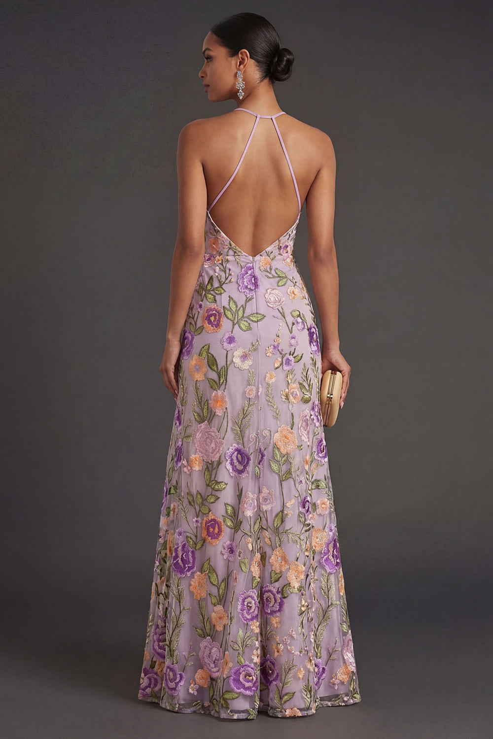 Floral Lilac Halter Neck Long Wedding Guest Dress with Slit