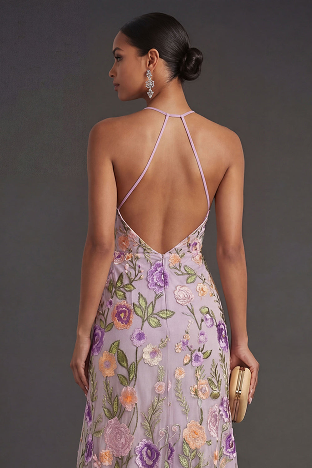 Floral Lilac Halter Neck Long Wedding Guest Dress with Slit