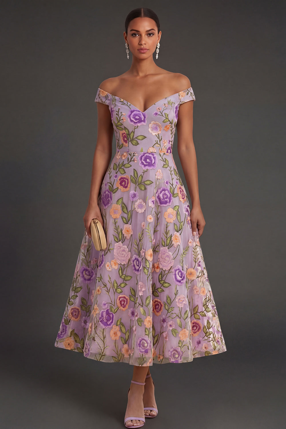 Floral Lilac A Line Long Wedding Guest Dress