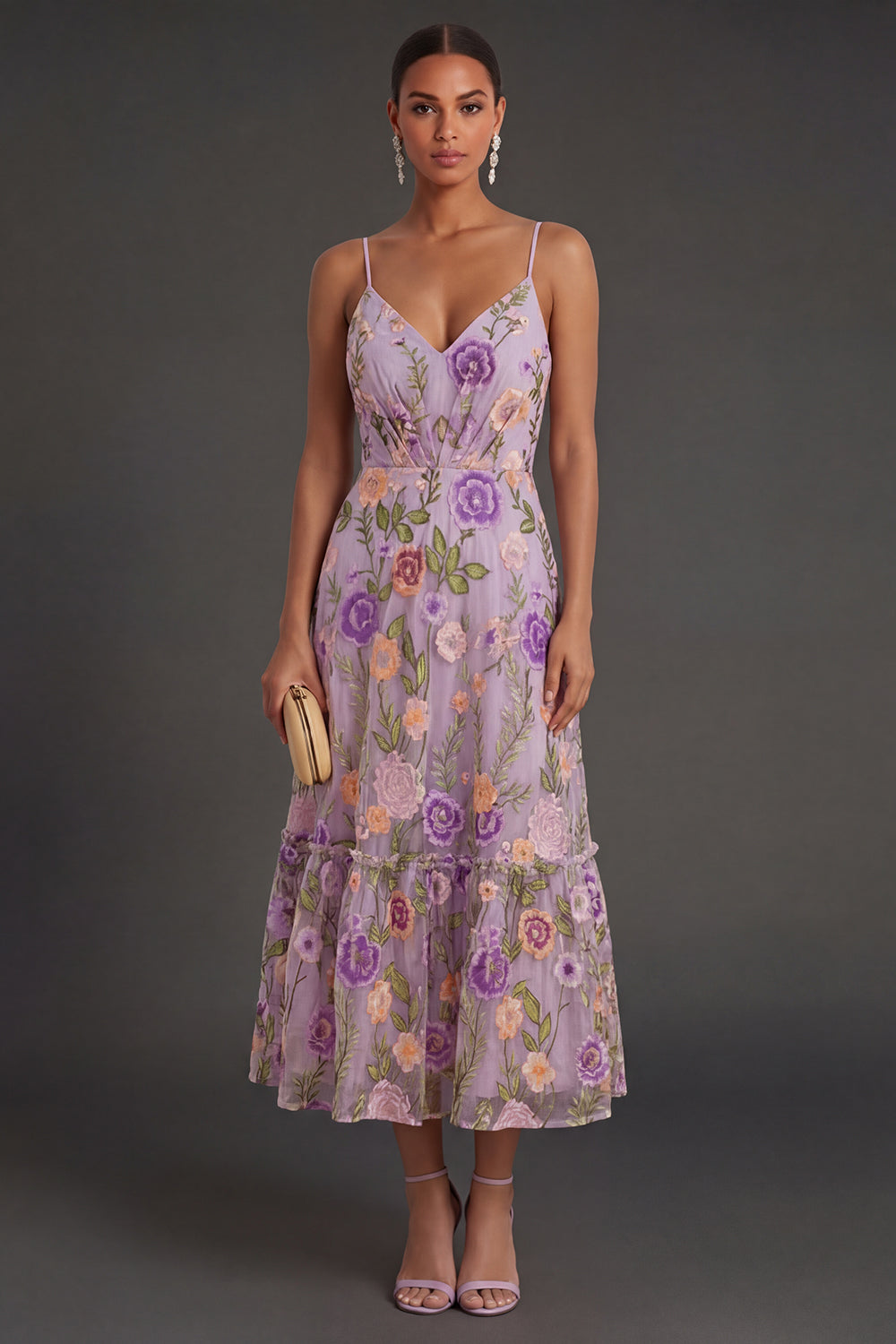 Floral Lilac Spaghetti Straps Long Wedding Guest Dress