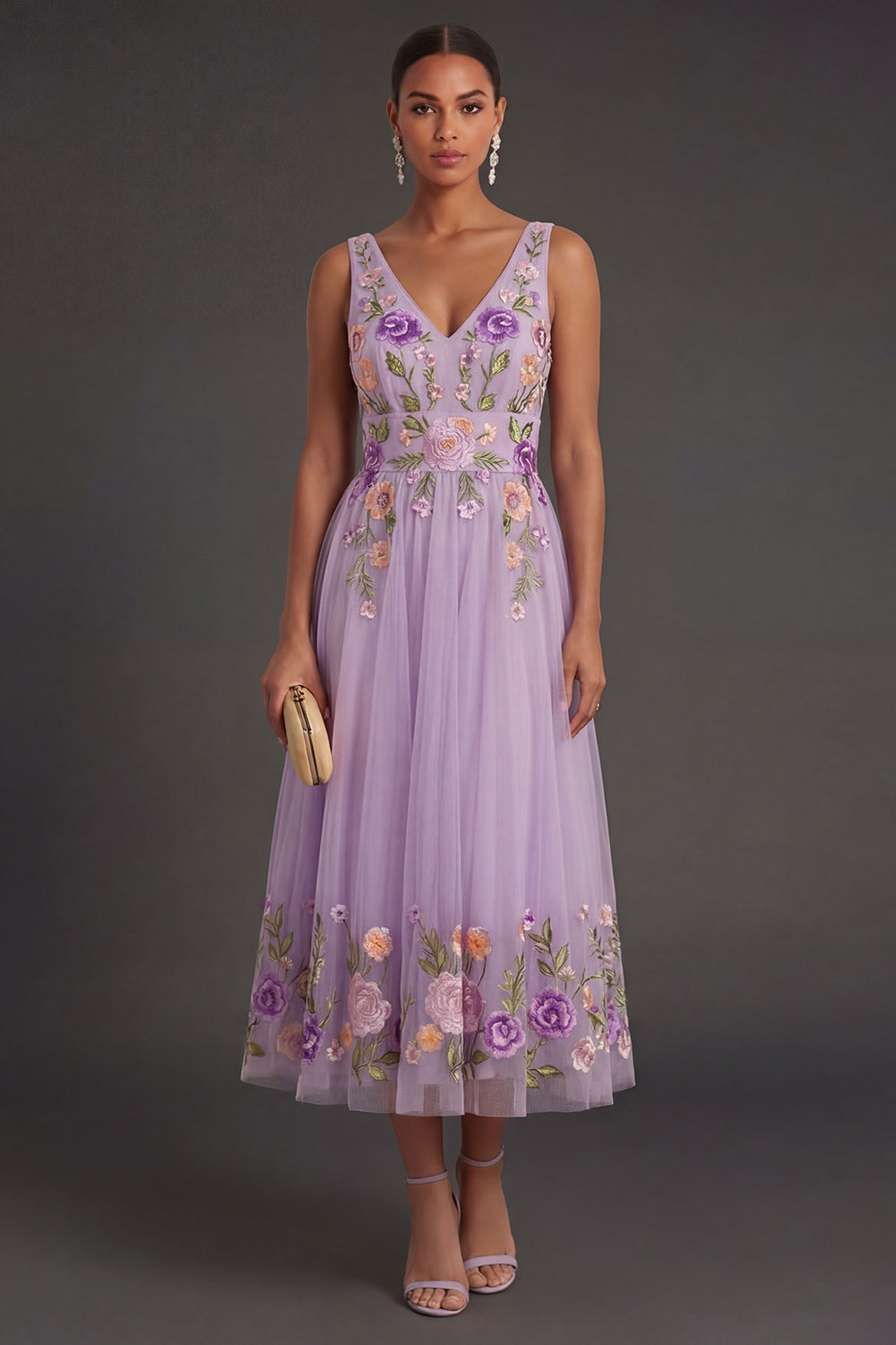 A Line Floral Lilac Long Wedding Guest Dress