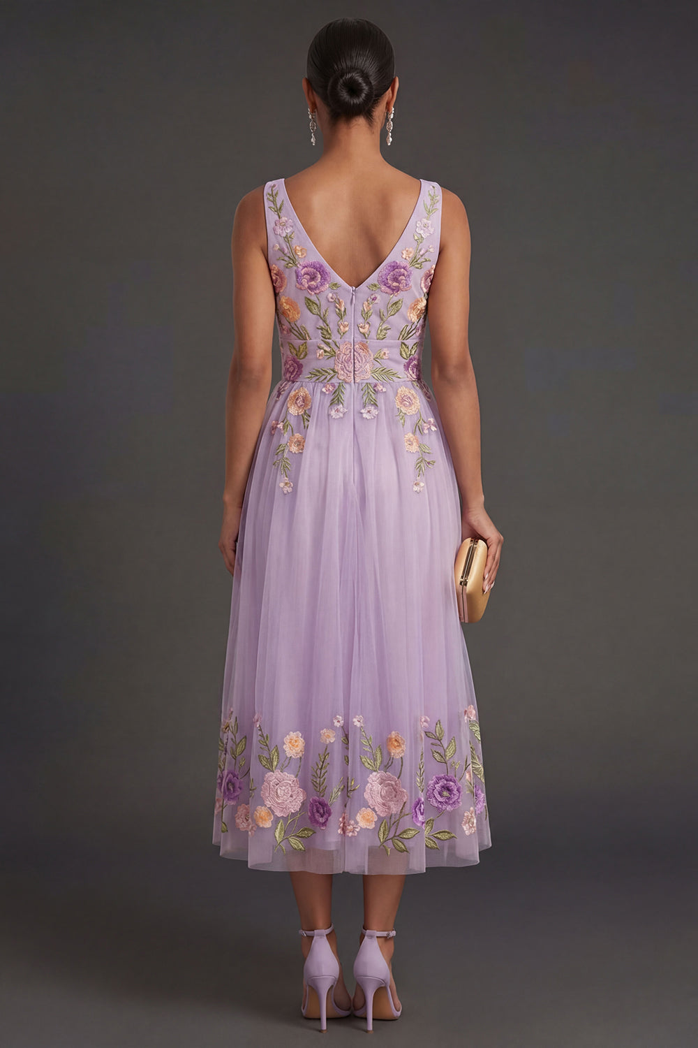 A Line Floral Lilac Long Wedding Guest Dress