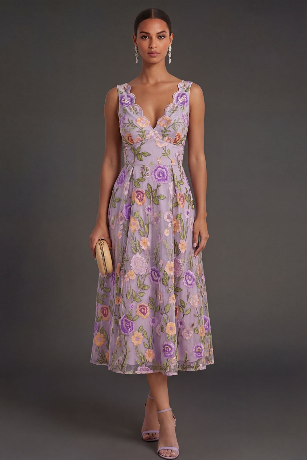Lilac Floral A Line V Neck Midi Wedding Guest Dress
