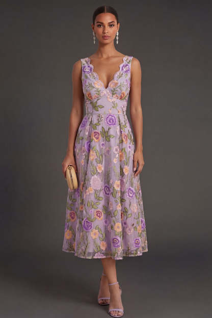 Leely Women Lilac Floral A Line V Neck Midi Wedding Guest Dress Backless Sleeveless Garden Party Dress