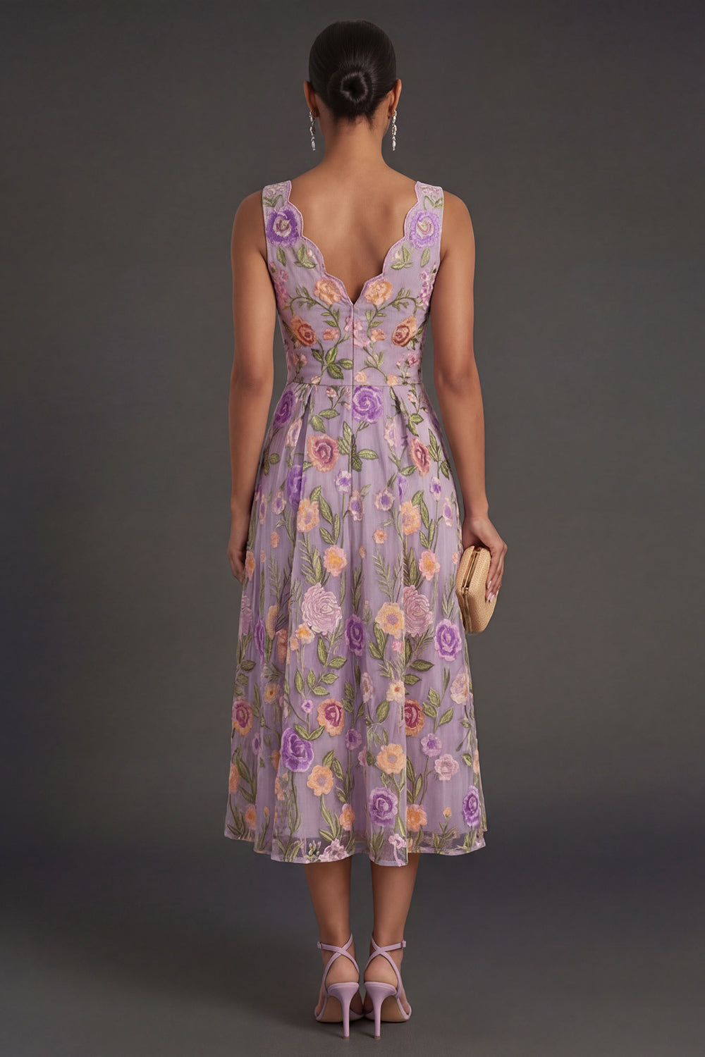 Lilac Floral A Line V Neck Midi Wedding Guest Dress
