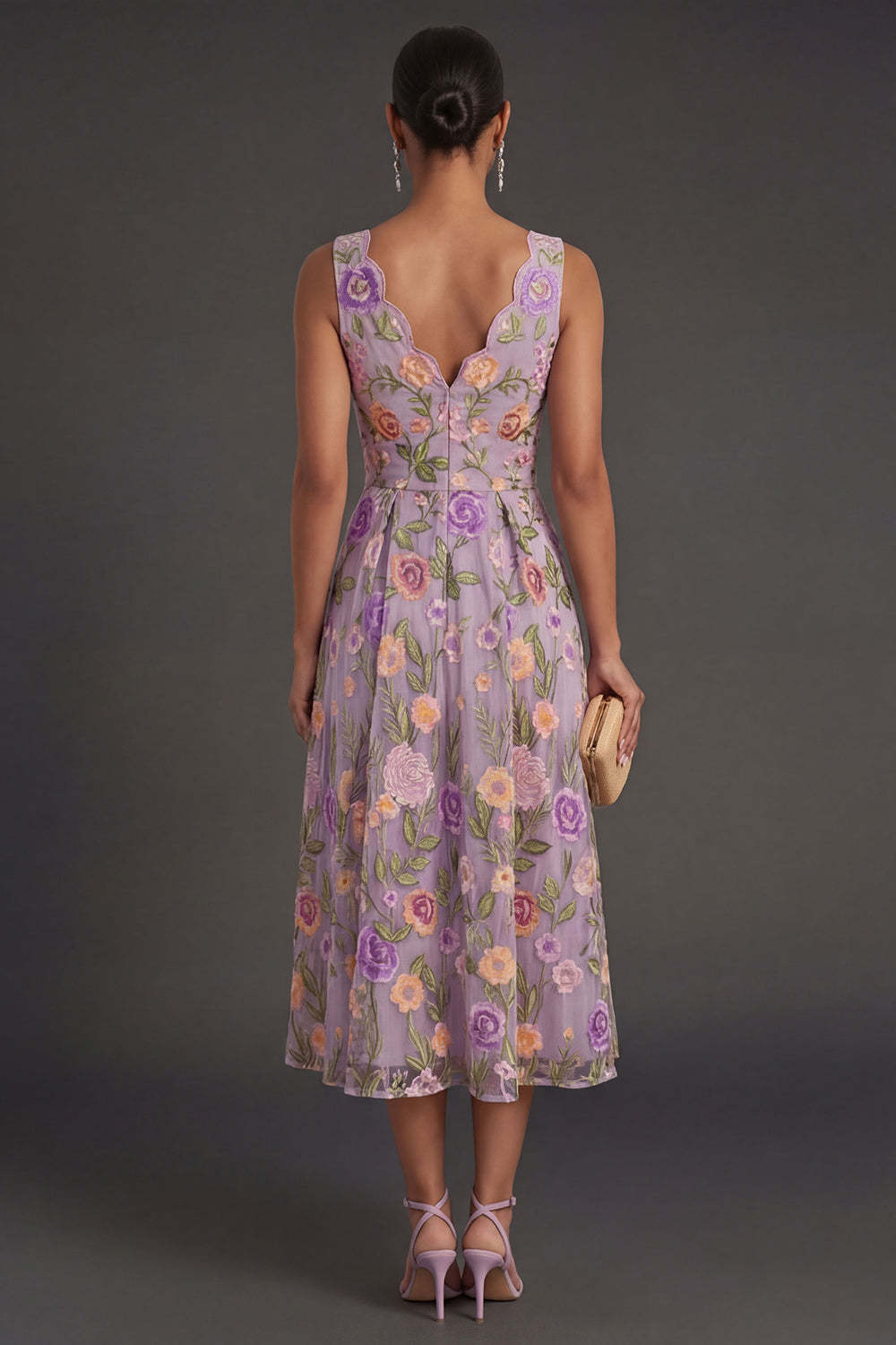 Lilac Floral A Line V Neck Midi Wedding Guest Dress