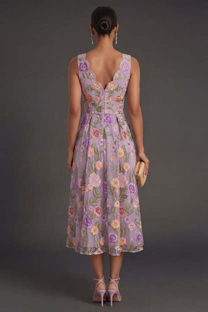 Lilac Floral A Line V Neck Midi Wedding Guest Dress