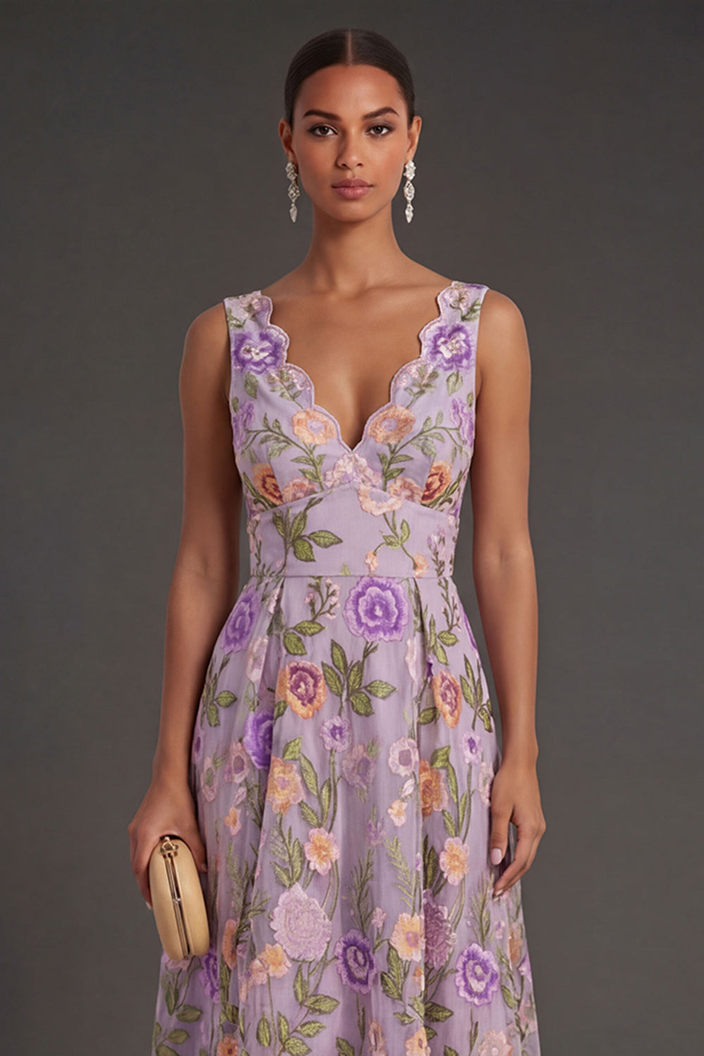 Lilac Floral A Line V Neck Midi Wedding Guest Dress