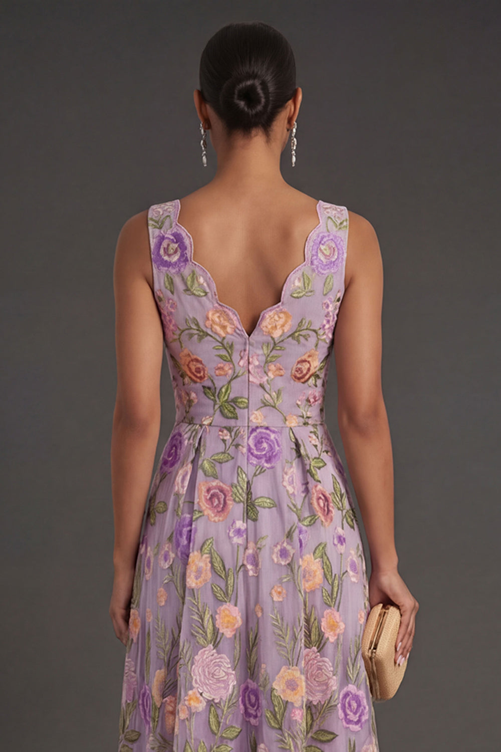 Lilac Floral A Line V Neck Midi Wedding Guest Dress