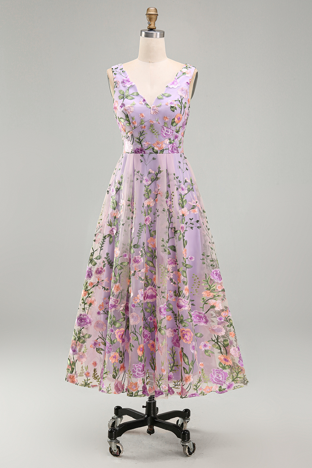 Lilac Floral A Line V Neck Midi Wedding Guest Dress
