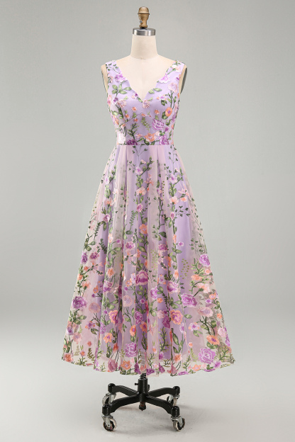 Lilac Floral A Line V Neck Midi Wedding Guest Dress