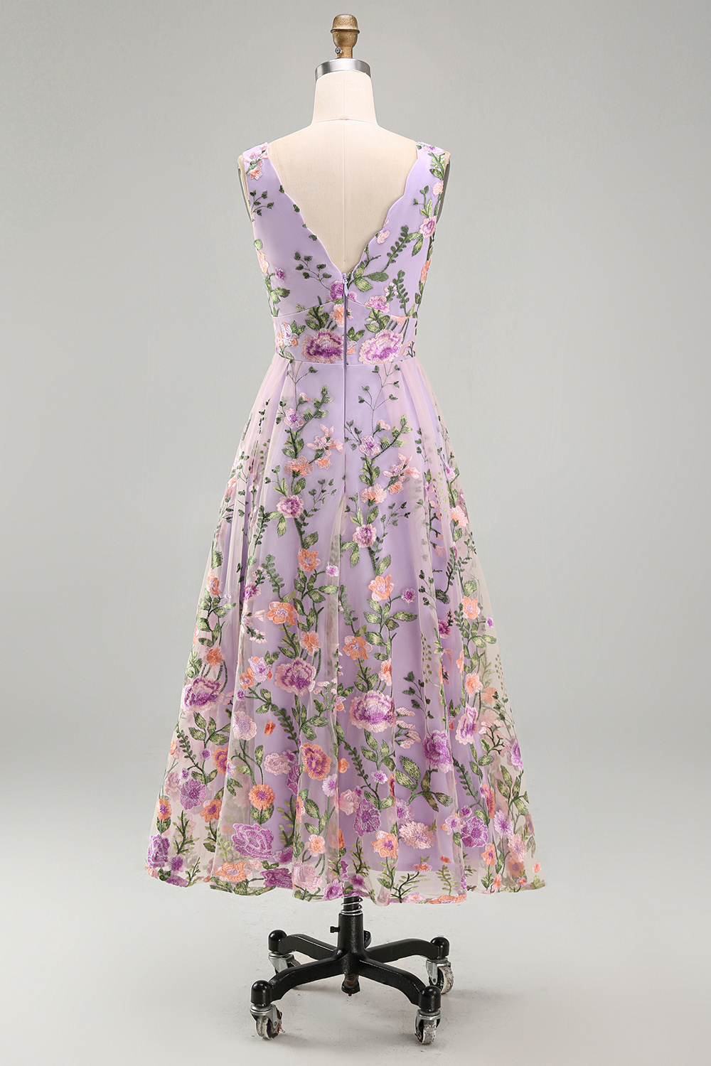Lilac Floral A Line V Neck Midi Wedding Guest Dress