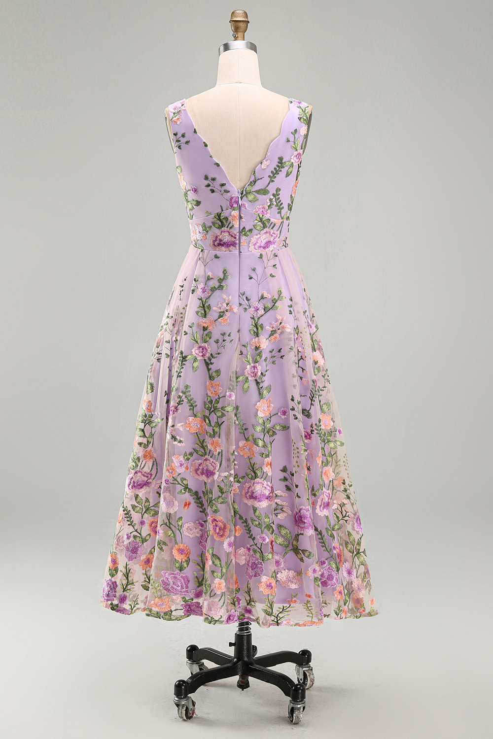 Lilac Floral A Line V Neck Midi Wedding Guest Dress