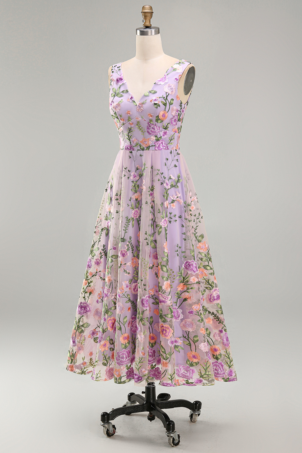 Lilac Floral A Line V Neck Midi Wedding Guest Dress