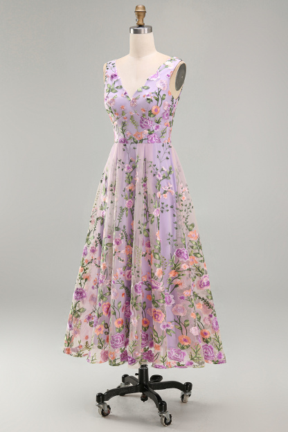 Lilac Floral A Line V Neck Midi Wedding Guest Dress
