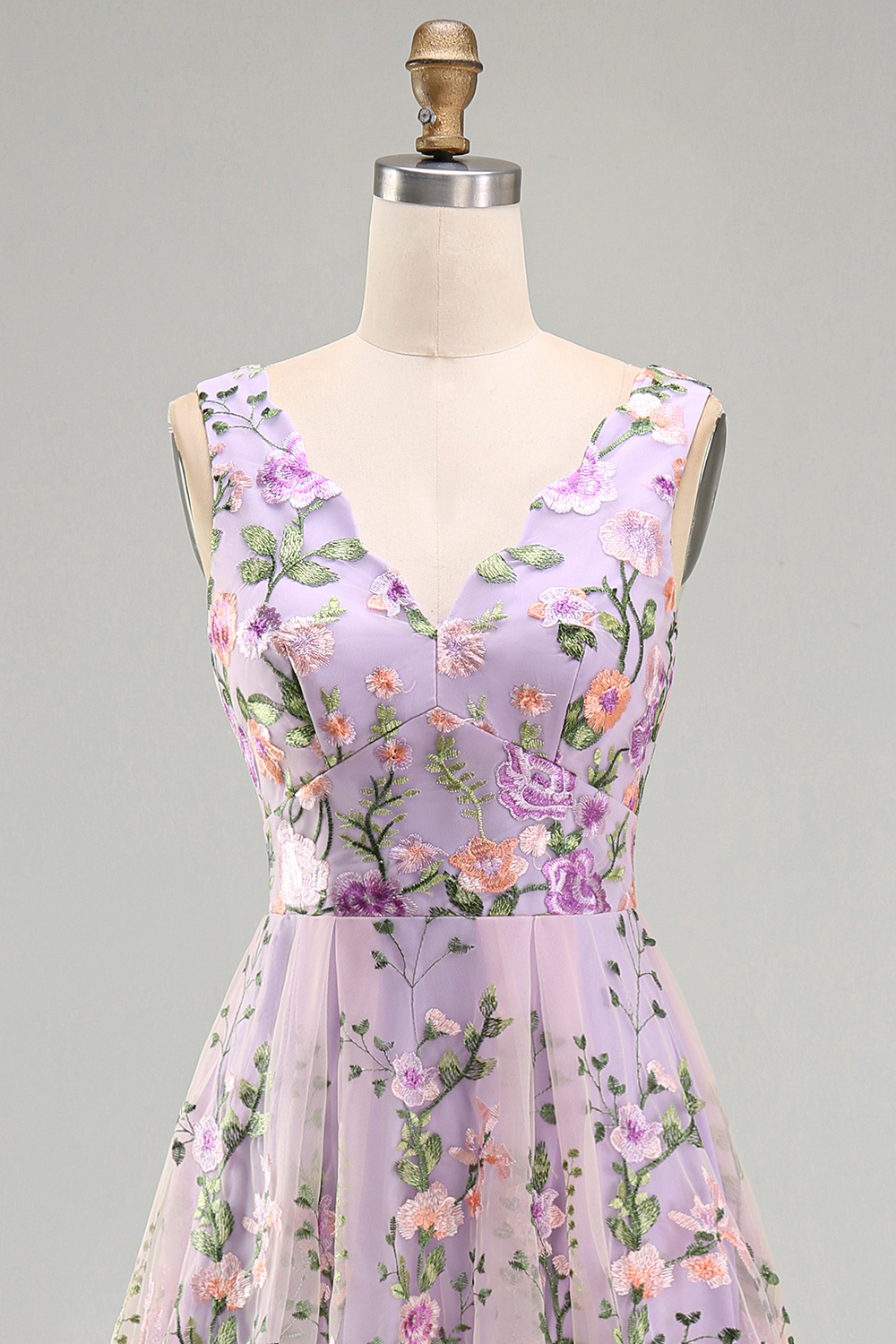 Lilac Floral A Line V Neck Midi Wedding Guest Dress