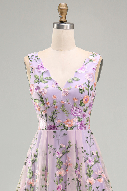 Lilac Floral A Line V Neck Midi Wedding Guest Dress