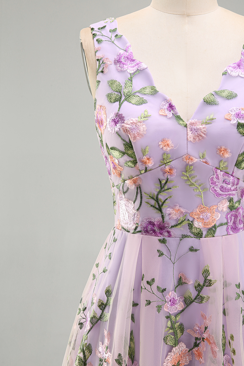 Lilac Floral A Line V Neck Midi Wedding Guest Dress