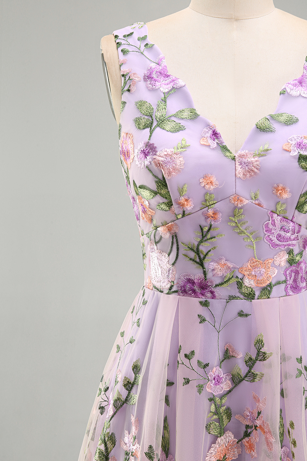 Lilac Floral A Line V Neck Midi Wedding Guest Dress