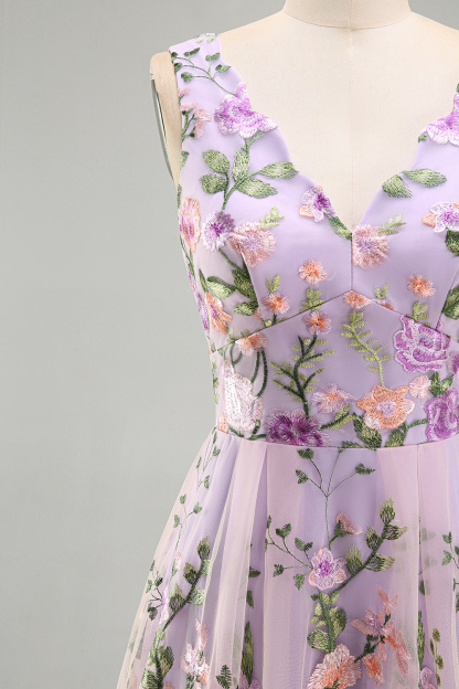 Lilac Floral A Line V Neck Midi Wedding Guest Dress